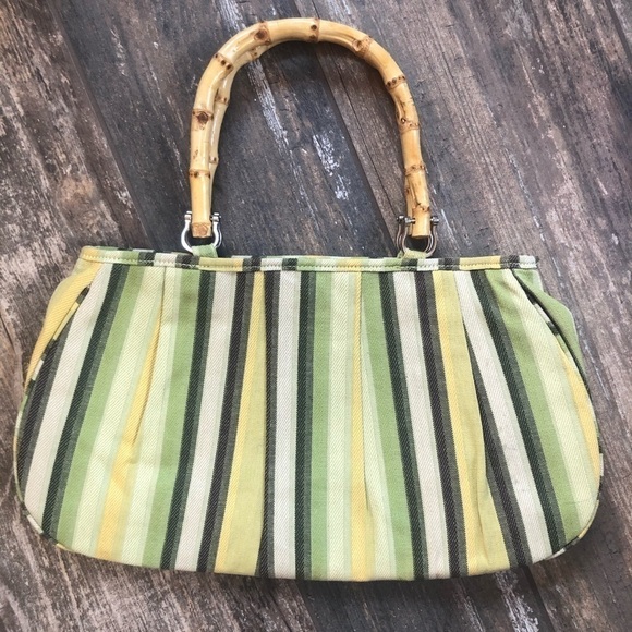 VINTAGE snap close green yellow bamboo handle satchel bag purse - Picture 4 of 5